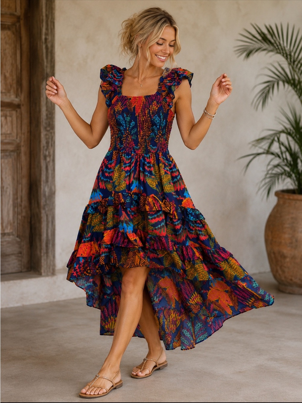 Live 4 Truth Multicolor Ruffled High-Low Tropical Vacation Dress. Size Medium.